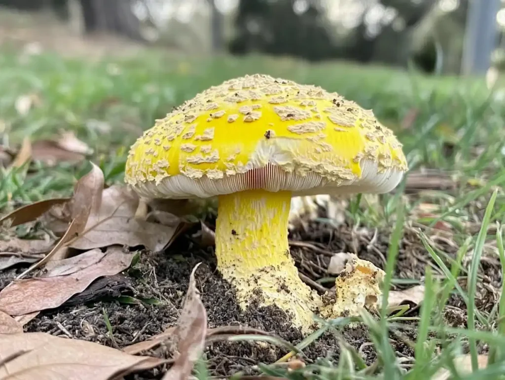 Yellow Stainer Mushroom with visible yellow bruising in a grassy area.