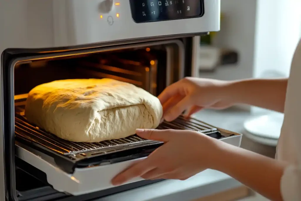 Dough removed from a bread machine being shaped manually for baking.