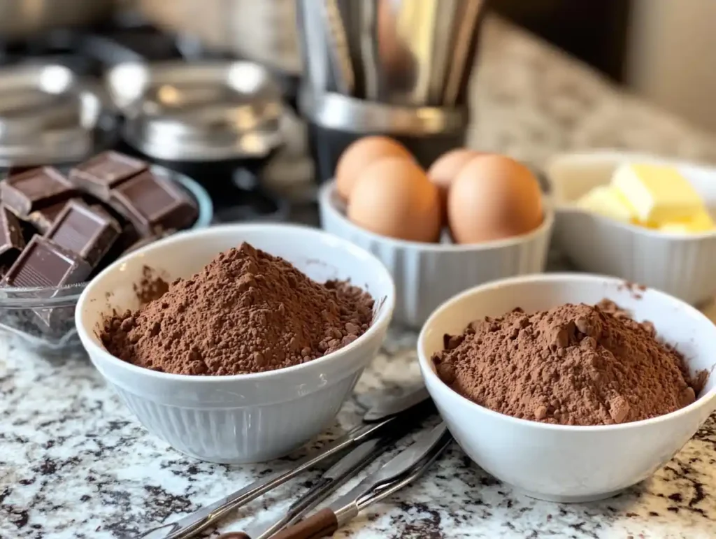 Ingredients and tools for baking chocolate cakes.