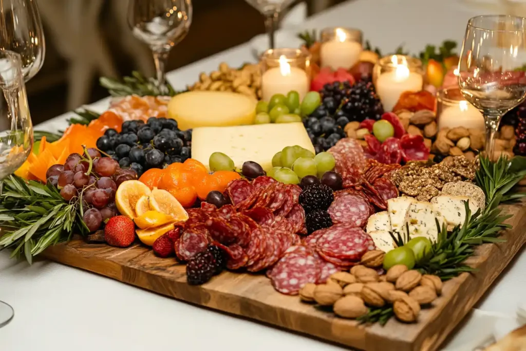 A well-arranged charcuterie board with meats, cheeses, and fruits.