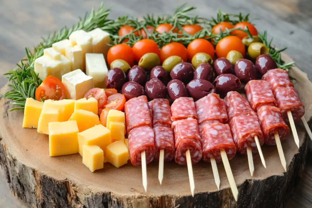 Charcuterie skewers with folded salami, cheese, and vegetables arranged on a wooden platter.