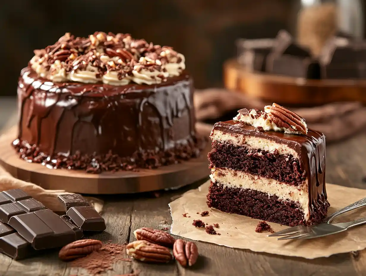 German chocolate cake vs. regular chocolate cake on a wooden table.