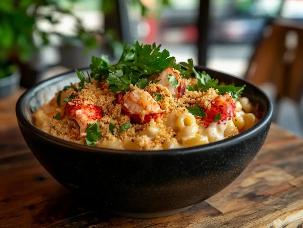 A delicious bowl of mac and cheese with gourmet toppings.