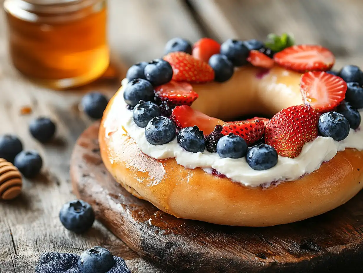 A toasted blueberry bagel topped with cream cheese and fresh berries on a wooden table.