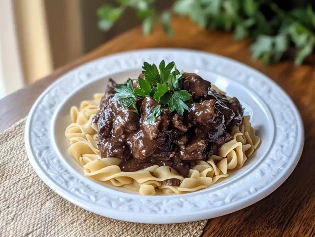 A steaming plate of beef stroganoff served over egg noodles.