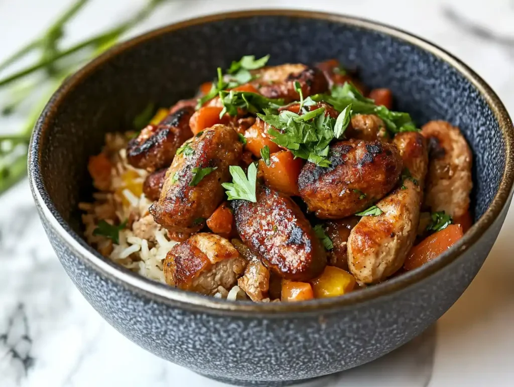 A bowl of Cajun jambalaya with smoky, browned meats and ric