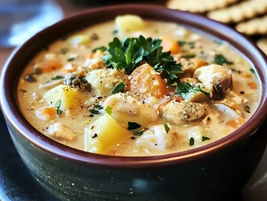 A bowl of creamy New England clam chowder.