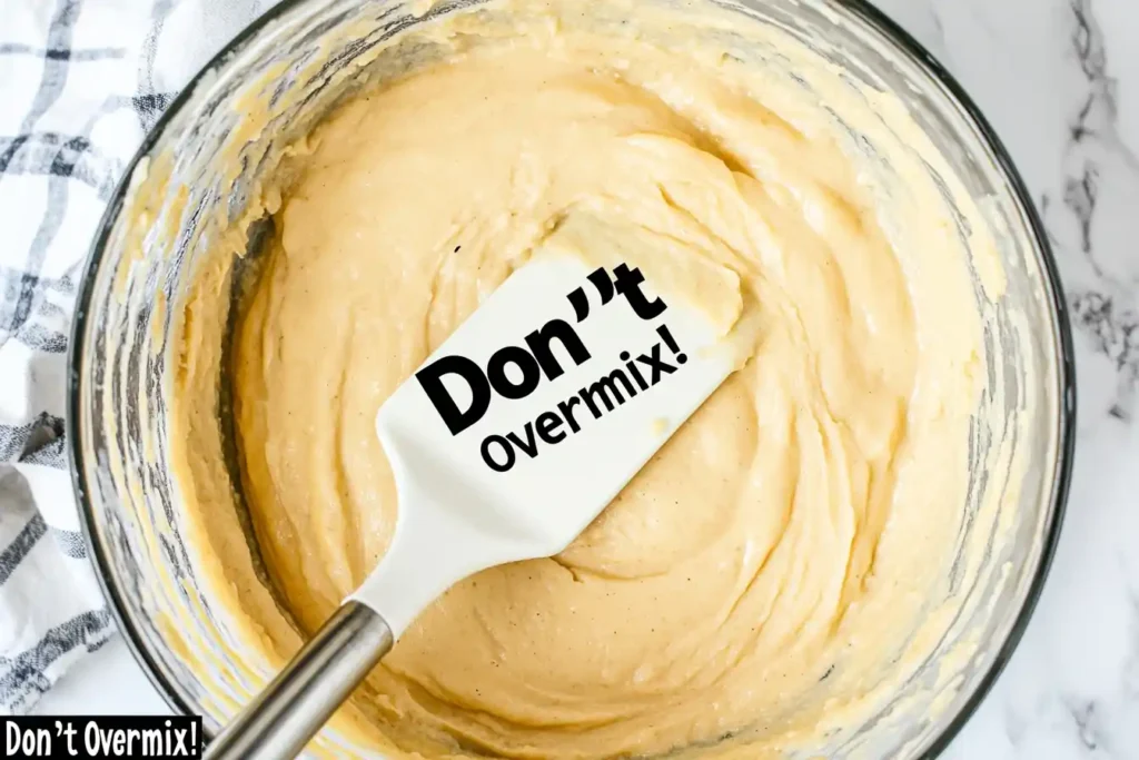 Banana bread batter being mixed with a spatula, emphasizing not to overmix.