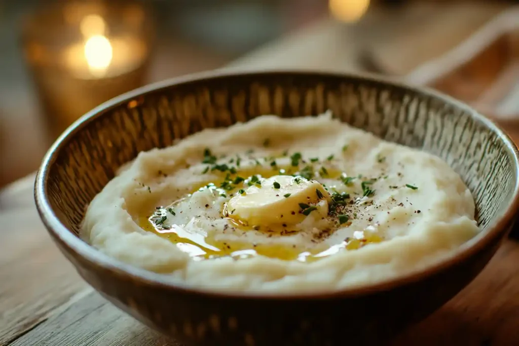 A bowl of creamy mashed potatoes with butter and herbs.