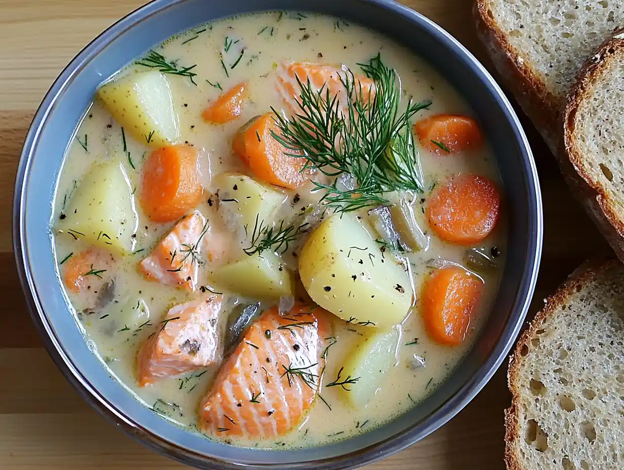 Traditional Finnish salmon soup served with vegetables and dill.