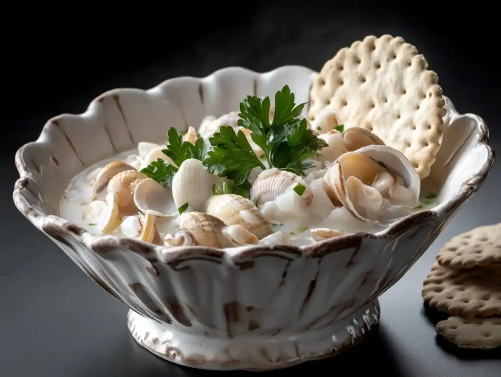A bowl of New England clam chowder with oyster crackers