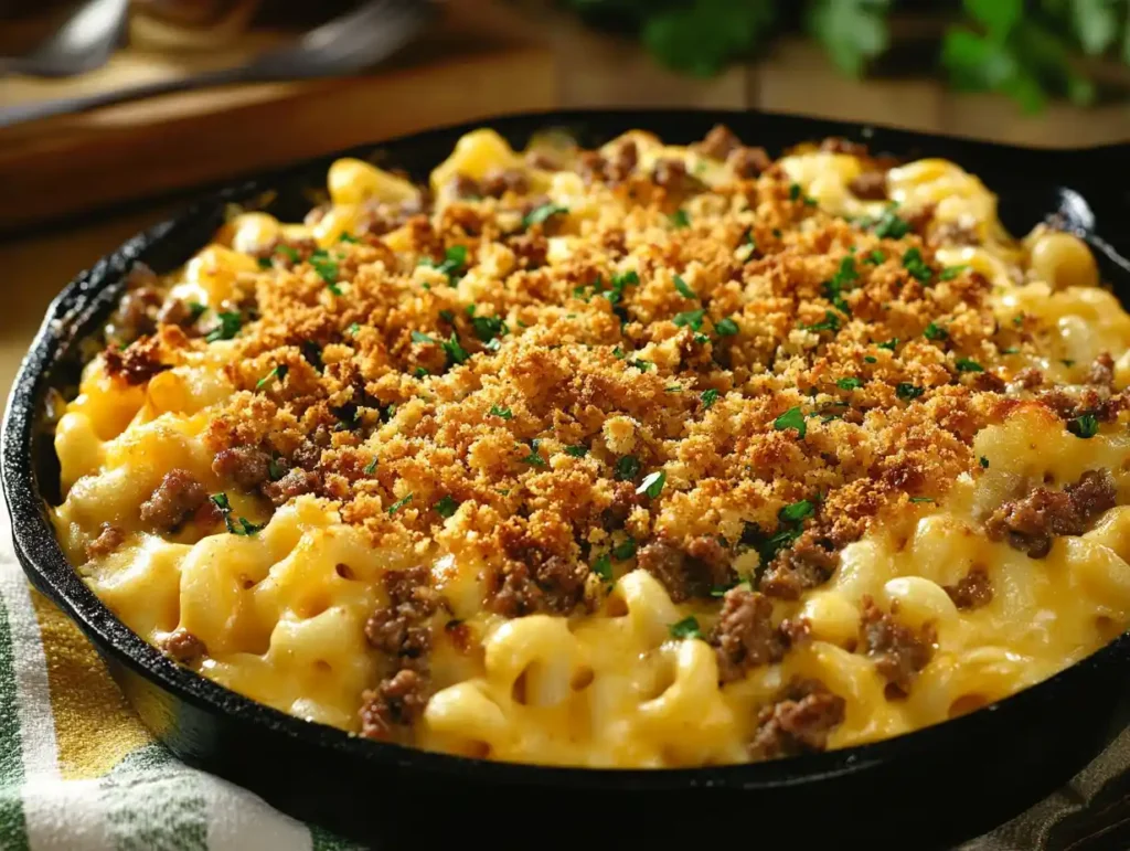 Mac and cheese with ground beef served in a cast-iron skillet.