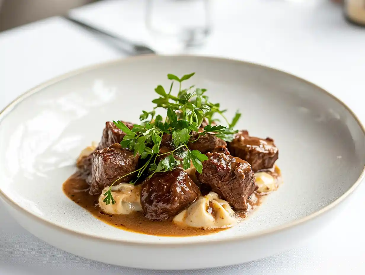 A modern plate of beef stroganoff with creamy sauce and parsley garnish on a clean white table