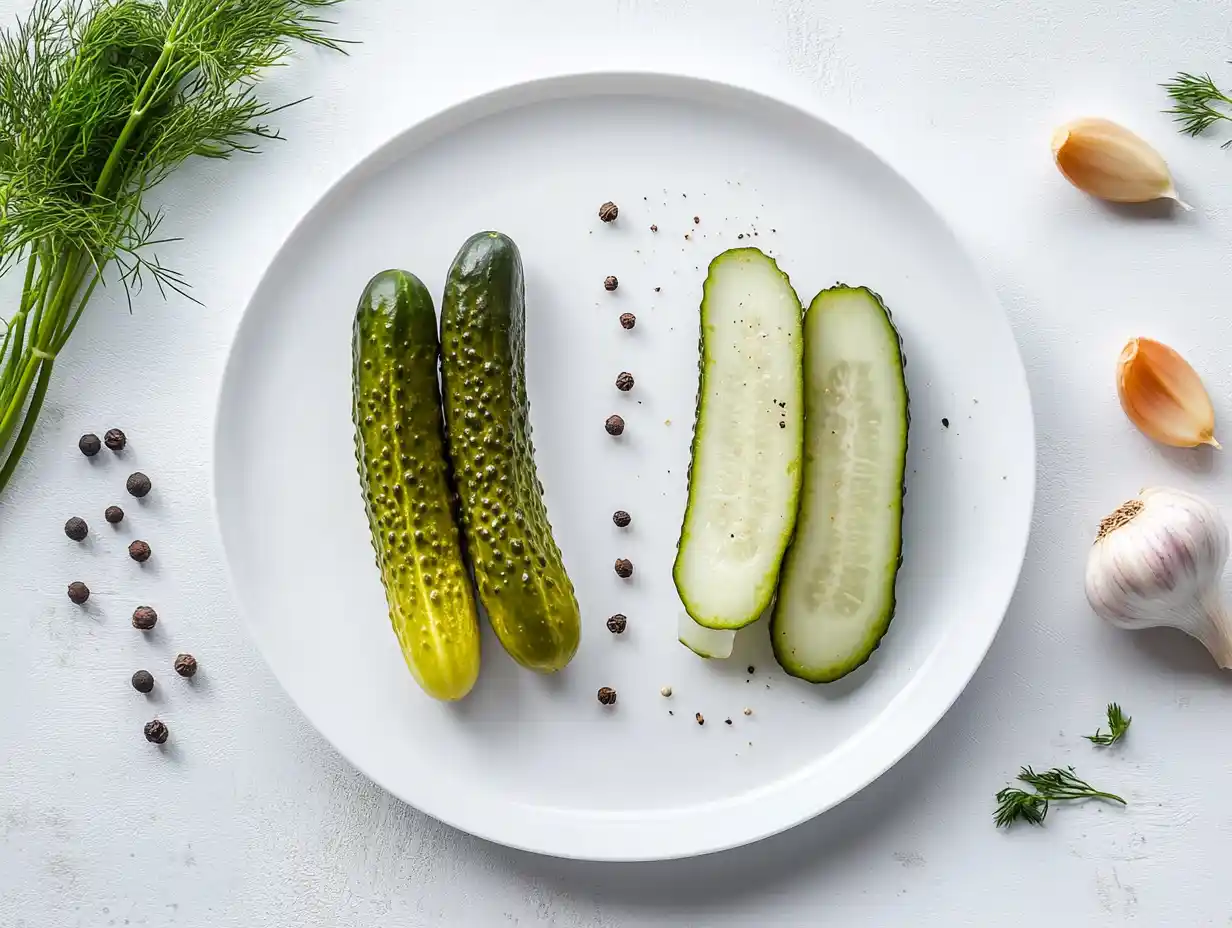 A modern display of kosher dill pickles and regular dill pickles side by side on a clean white plate