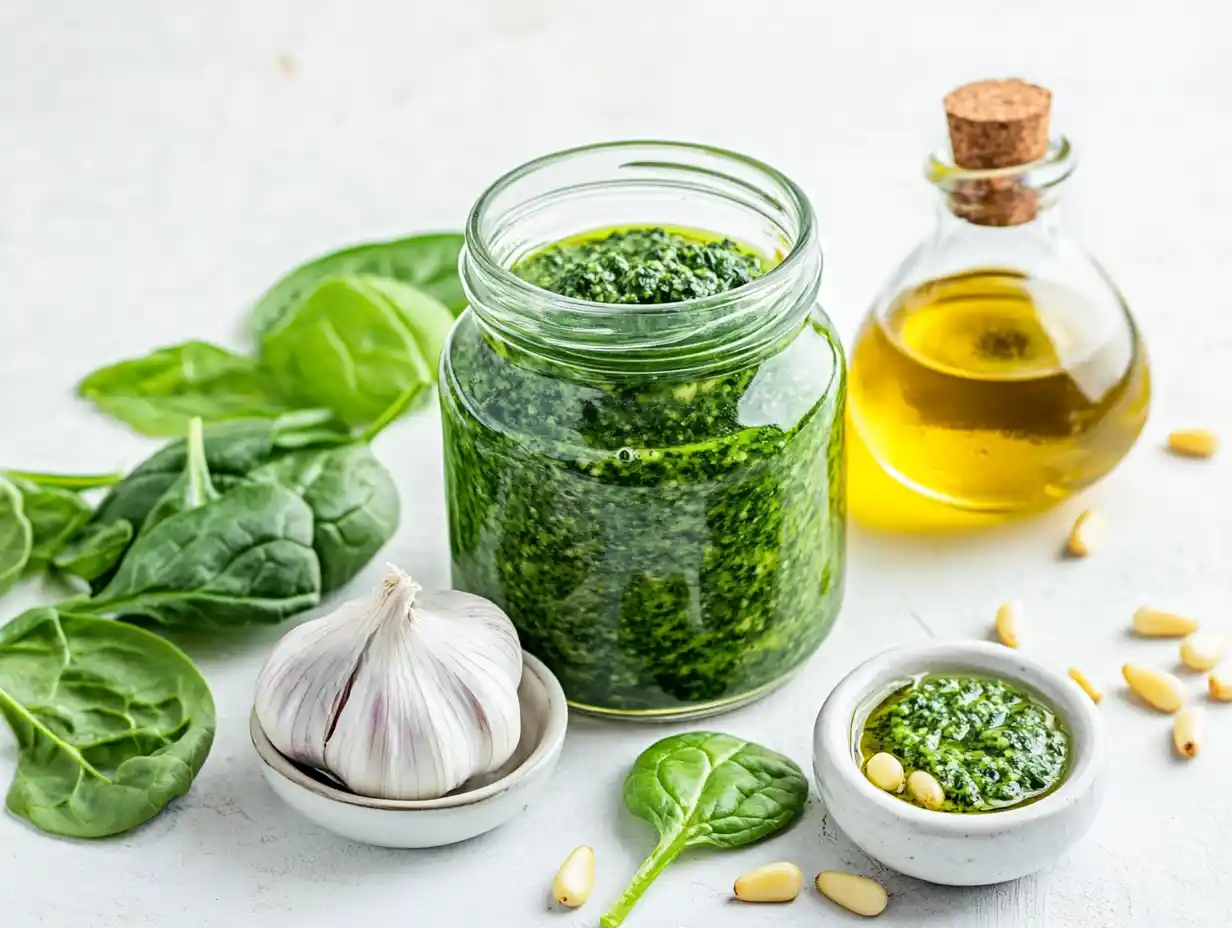 Fresh spinach pesto in a modern glass jar with ingredients around it