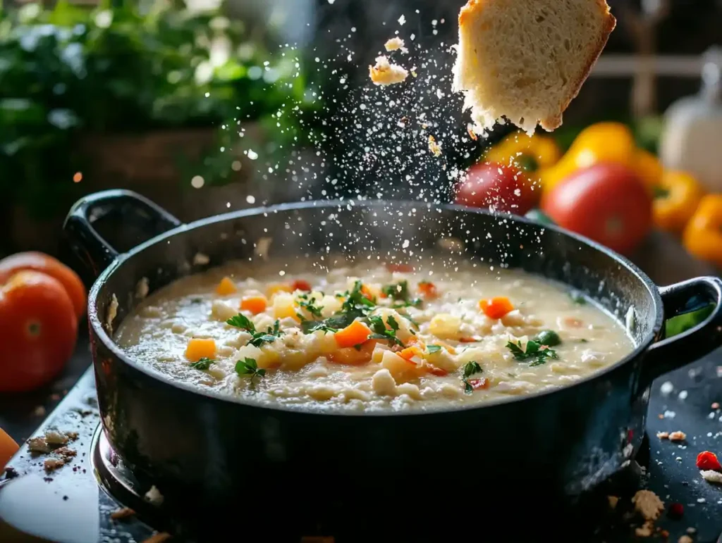 Crumbled bread being added to a pot of chowder