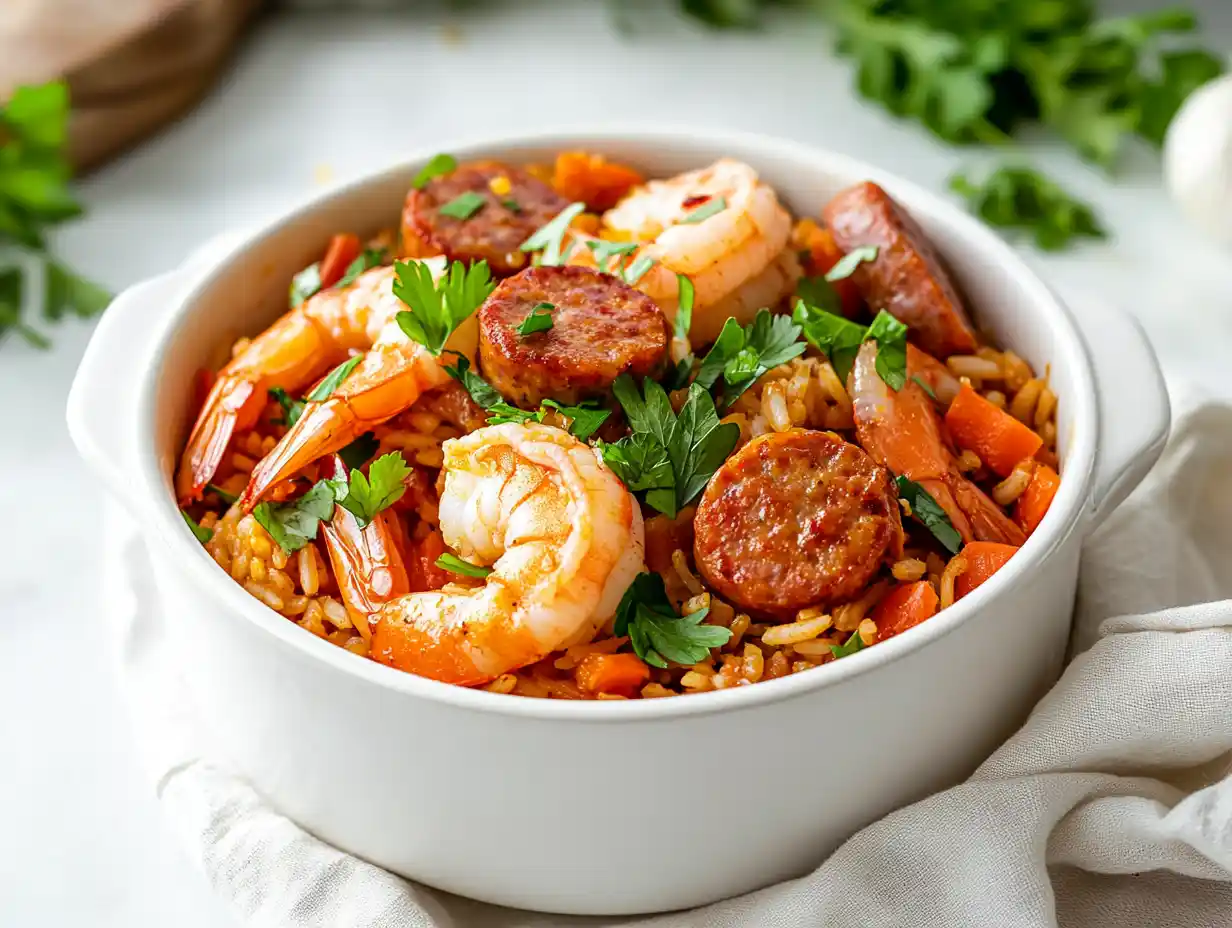 Modern presentation of jambalaya in a white bowl with fresh herbs