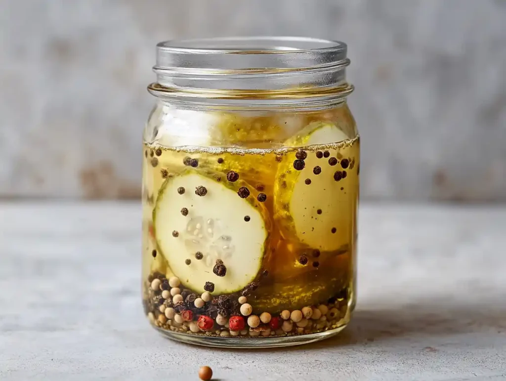 Pickles in a clear jar with vinegar and spices