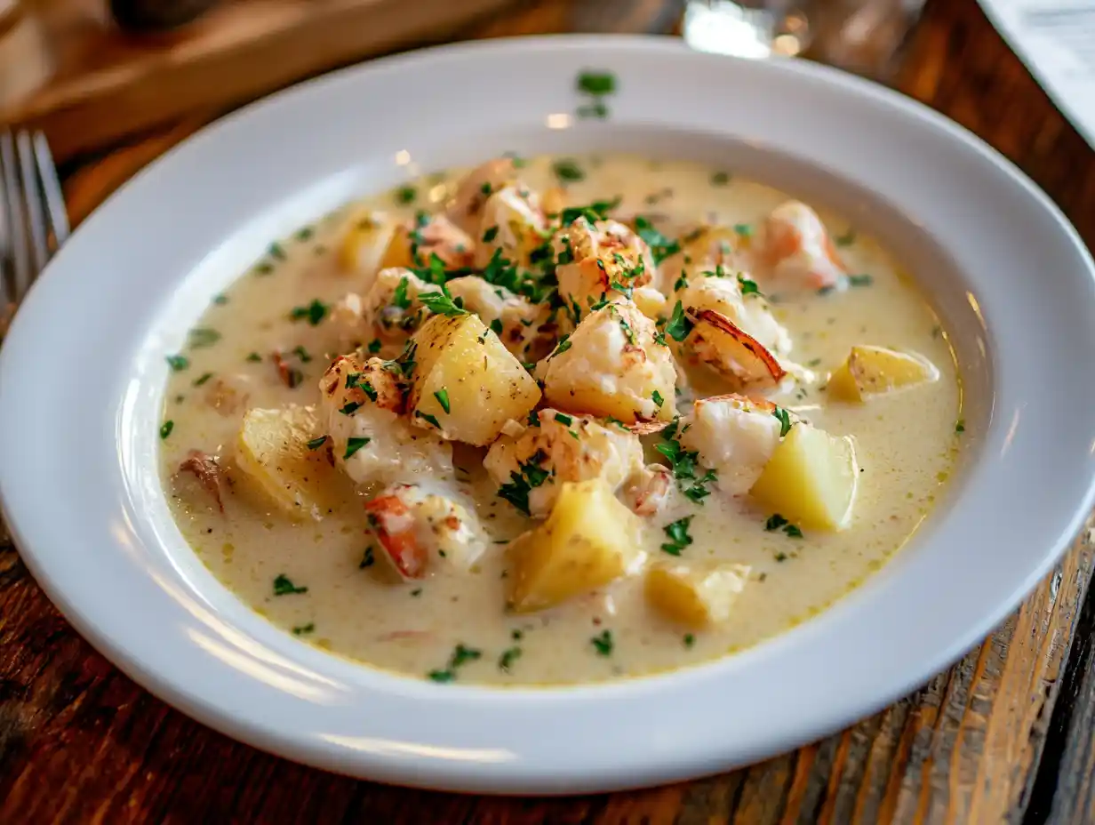 A creamy bowl of seafood chowder with herbs and potatoes