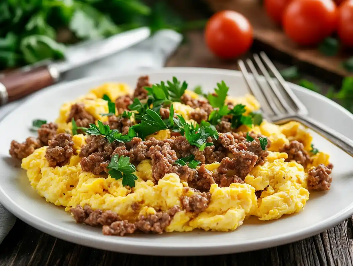 Scrambled eggs and ground beef breakfast plate with vegetables.
