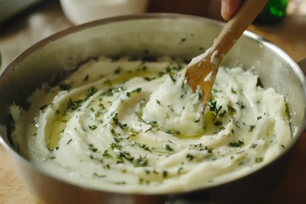 Creamy mashed potatoes being reheated in a saucepan with butter and herbs.