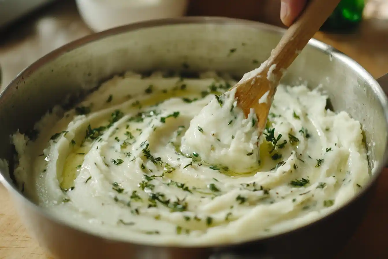 Creamy mashed potatoes being reheated in a saucepan with butter and herbs.