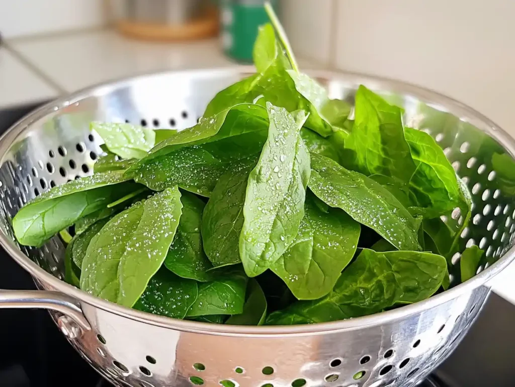 Fresh spinach leaves in a colander.