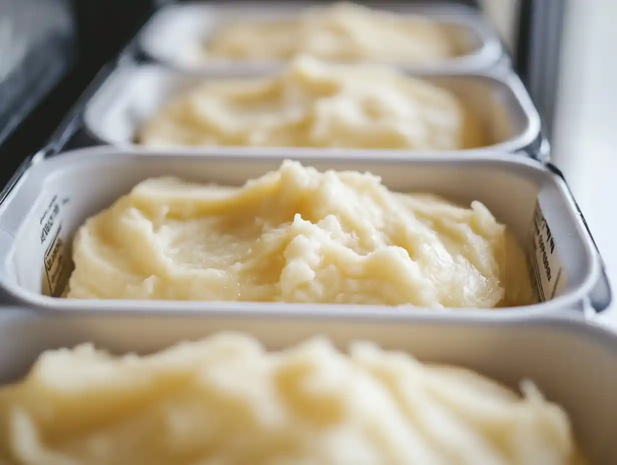 Frozen mashed potatoes stored in airtight containers with labels.