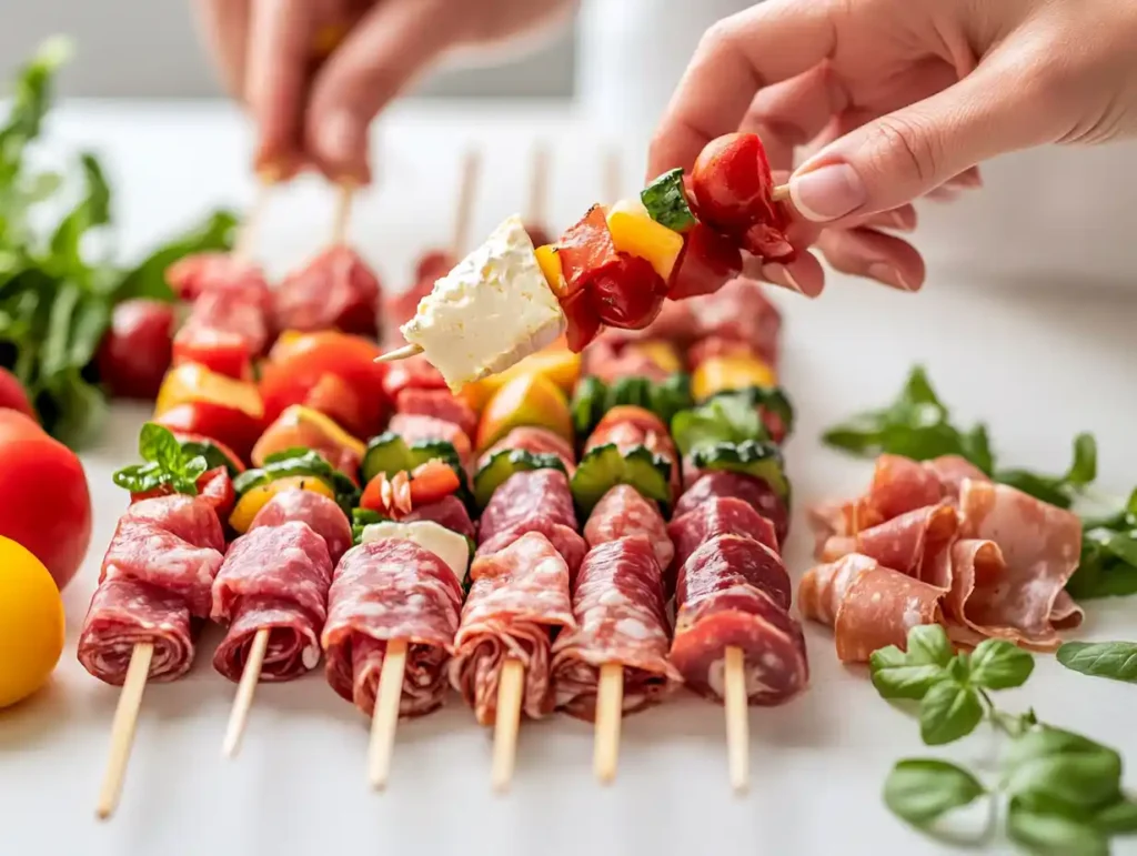 A person assembling charcuterie skewers step-by-step.