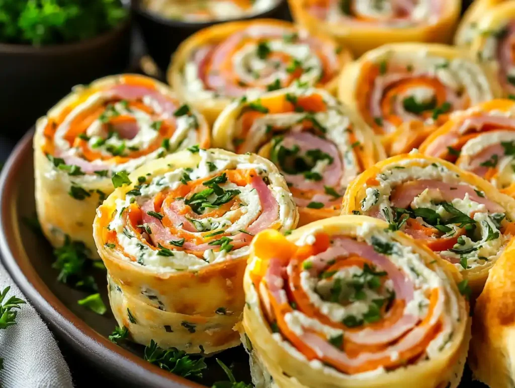 Food pinwheels served on a platter with dipping sauces and garnishes.