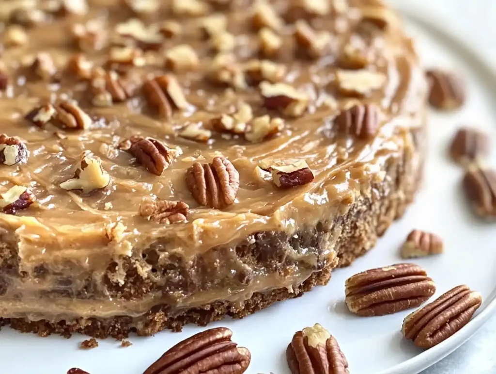 German Chocolate Cake with coconut-pecan frosting and pecans.