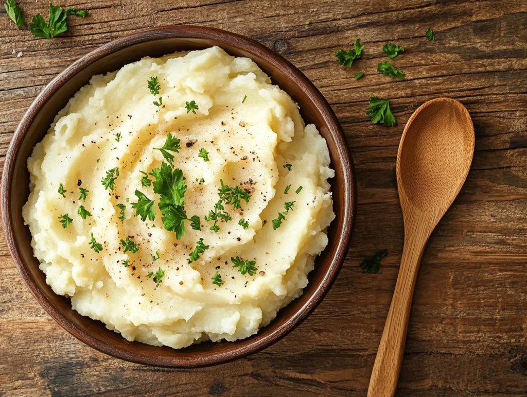 A bowl of creamy mashed potatoes with a wooden spoon