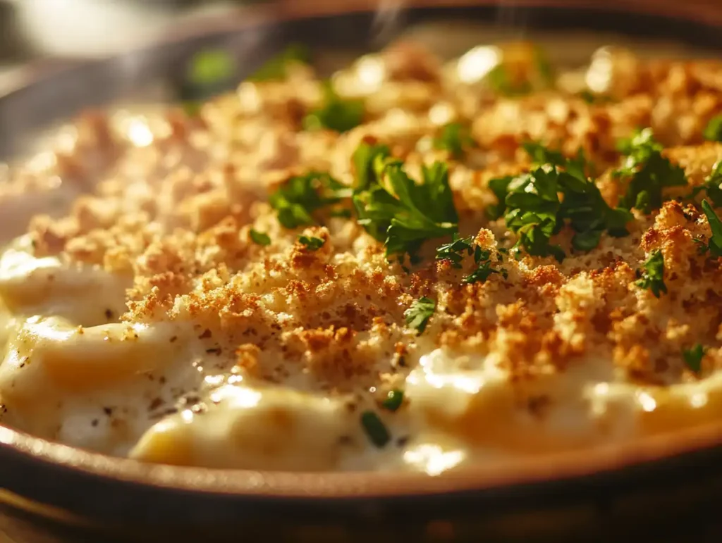 Bowl of creamy mac and cheese topped with breadcrumbs