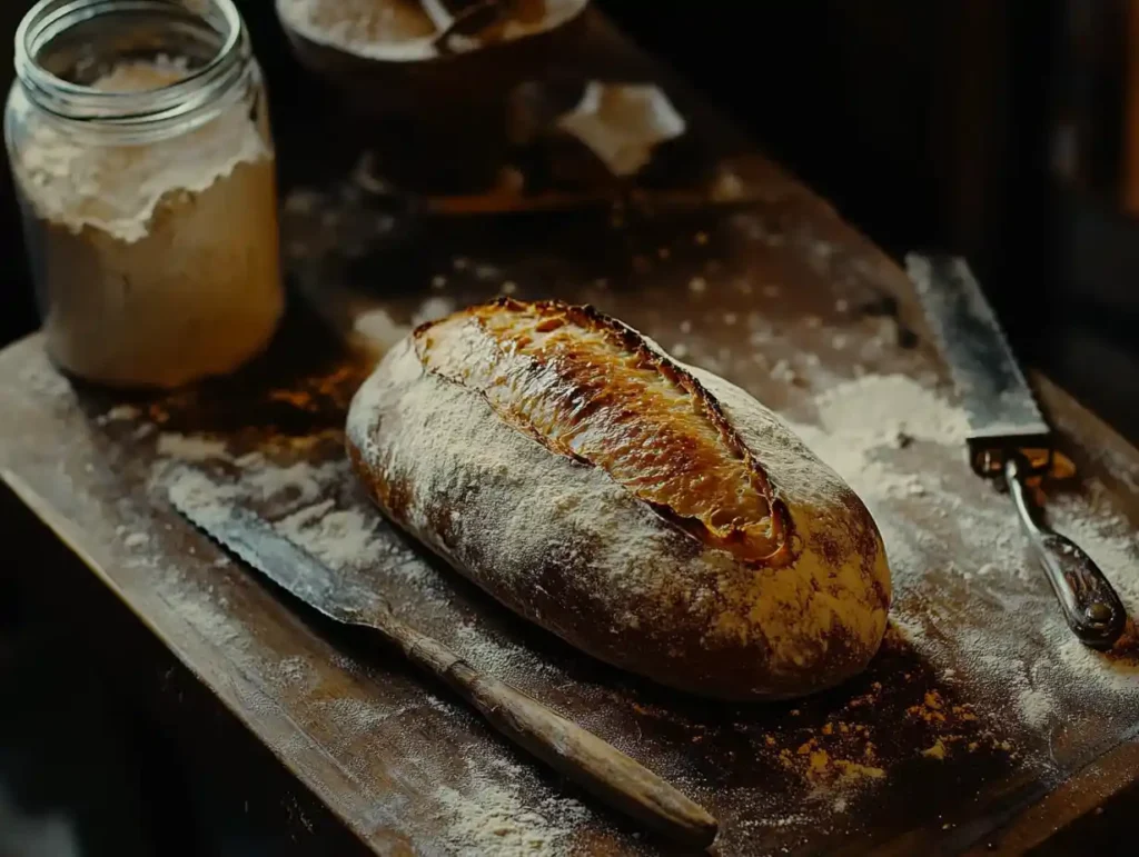 A loaf of golden-brown sourdough bread with a crisp crust resting on a wooden cutting board.