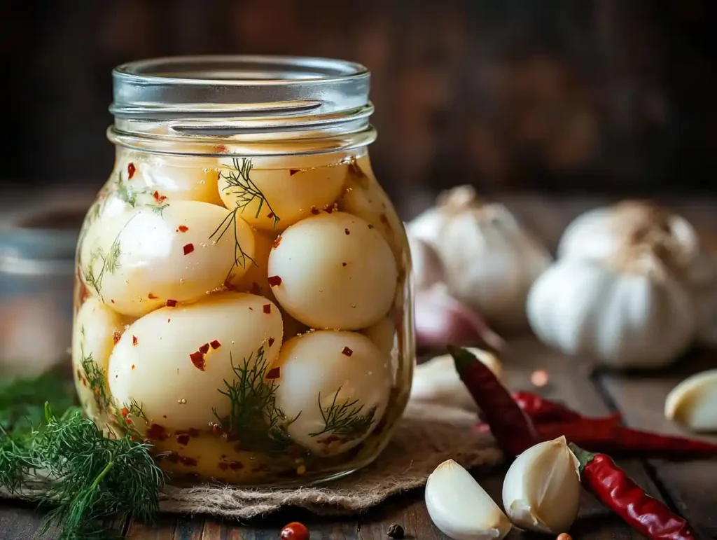 Jar of spicy pickled eggs with chili, garlic, and herbs.