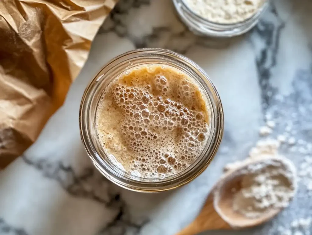 Active sourdough starter in a glass jar.