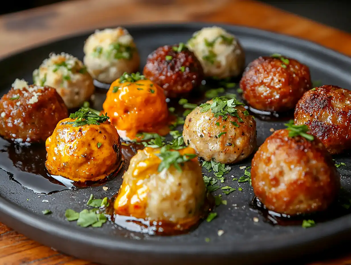 A variety of cooked meatballs served in different sauces on a plate.