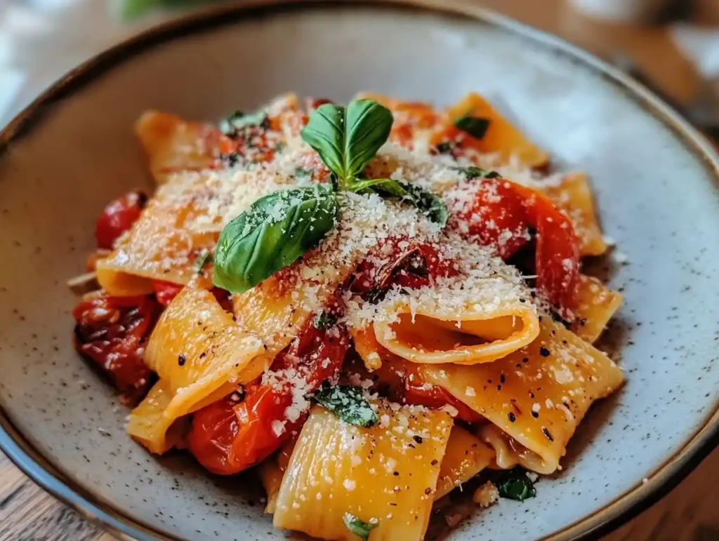 A pasta dish with roasted tomatoes, basil, and parmesan.
