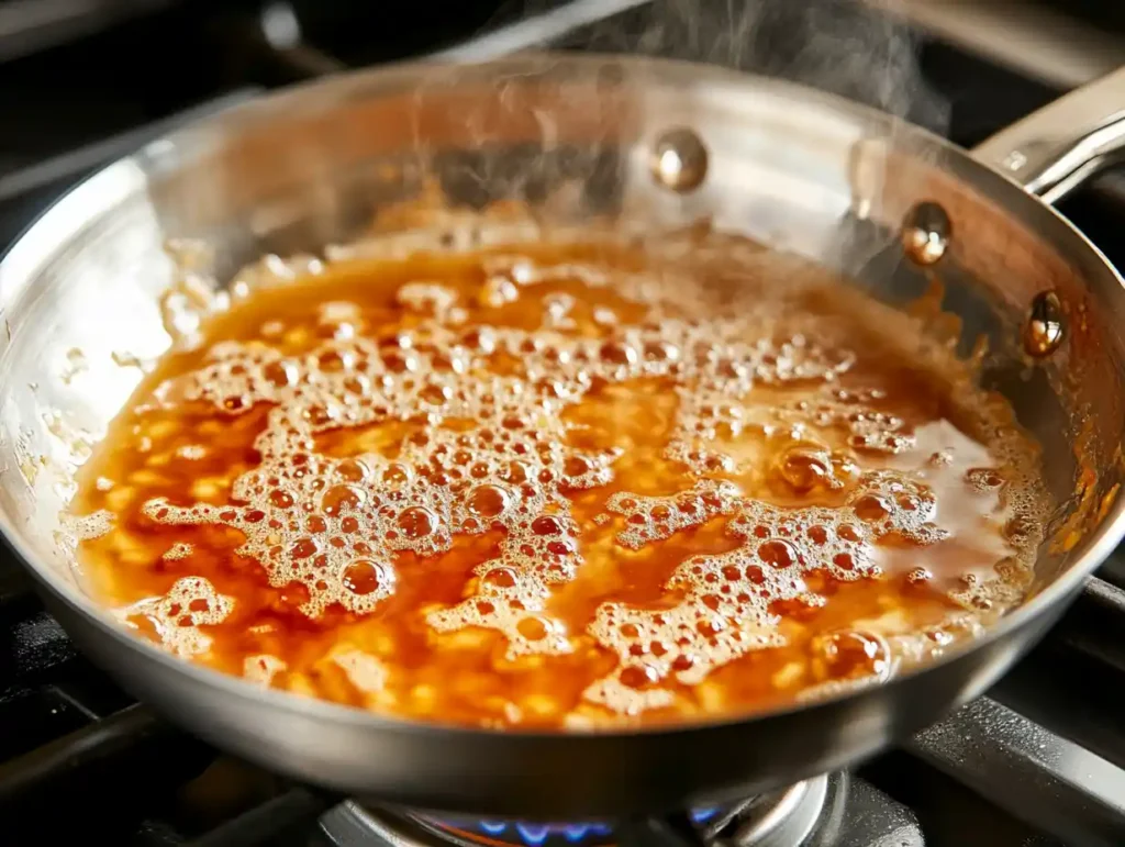 Simmering honey garlic sauce in a pan