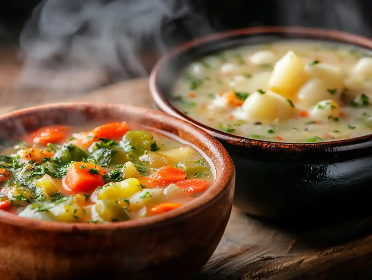 A steaming bowl of vegetable soup and a creamy bowl of chowder side by side.