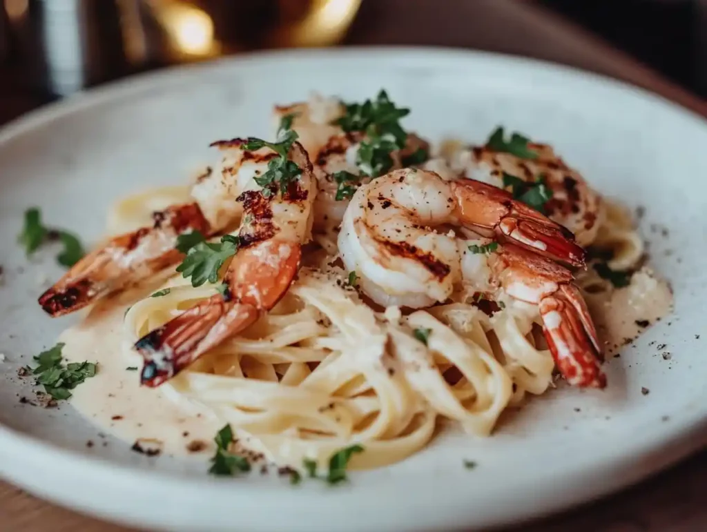 Garlic butter sauce drizzled over shrimp pasta.