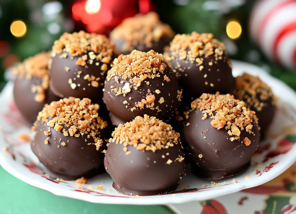 Close-up of delicious Butterfinger balls arranged on a plate