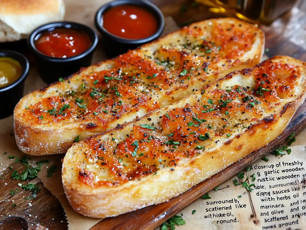 A table with freshly baked garlic bread and dipping sauces.