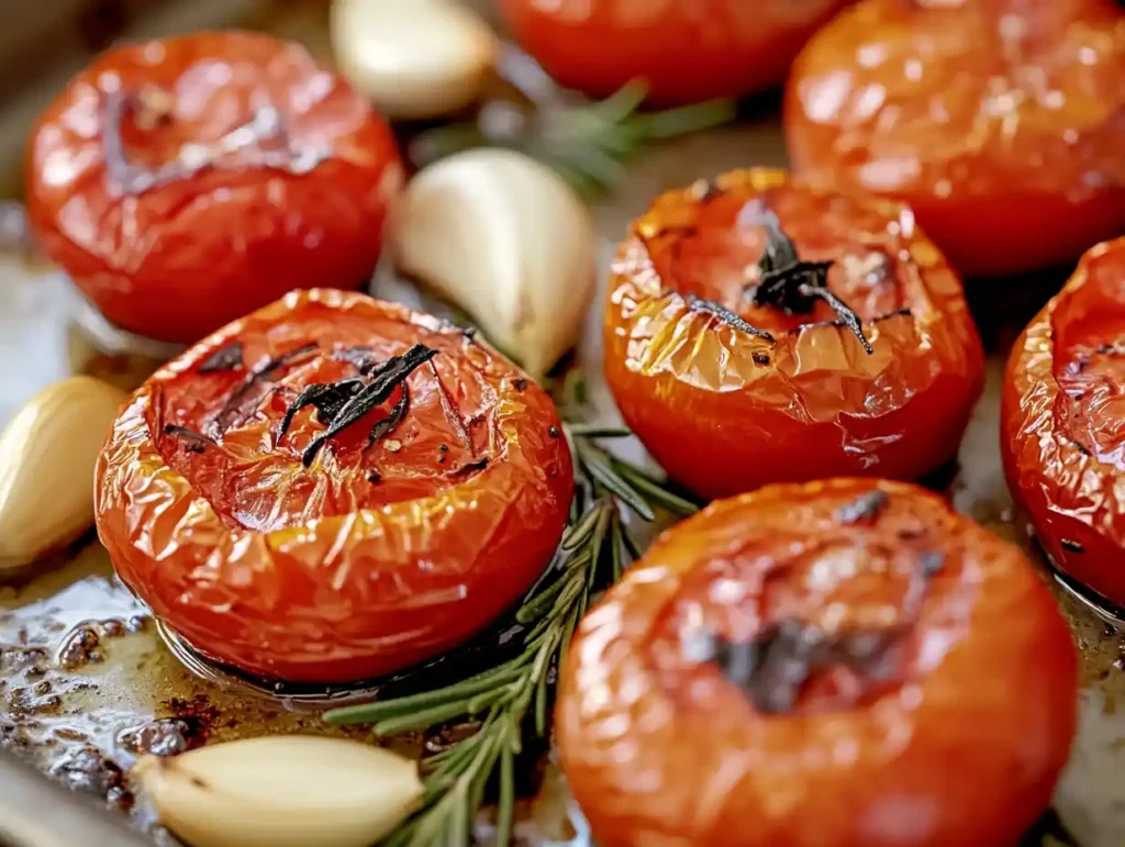 Tray of roasted tomatoes with garlic and herbs.
