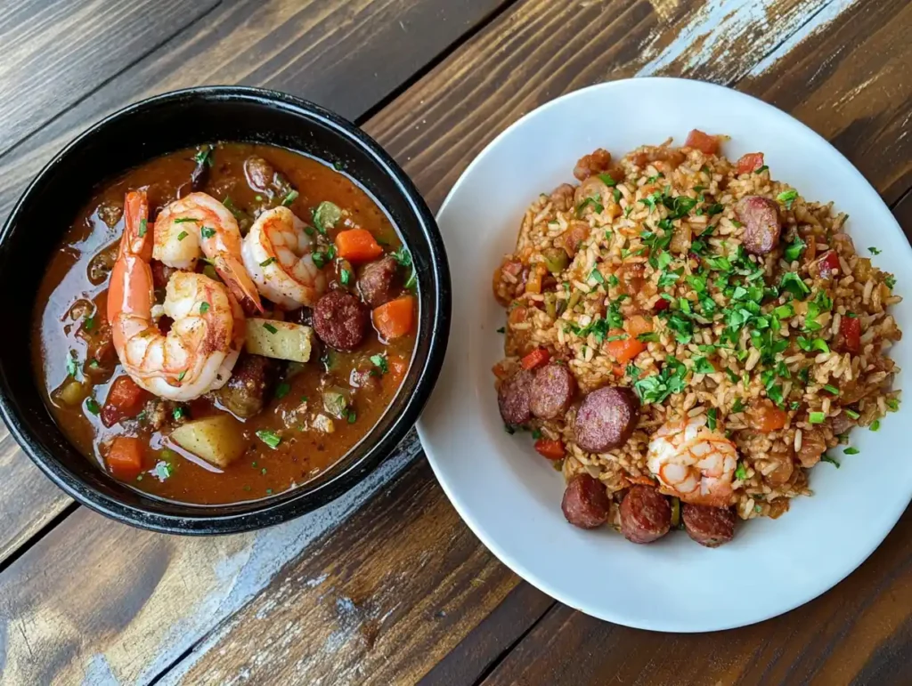 Gumbo and jambalaya served side by side