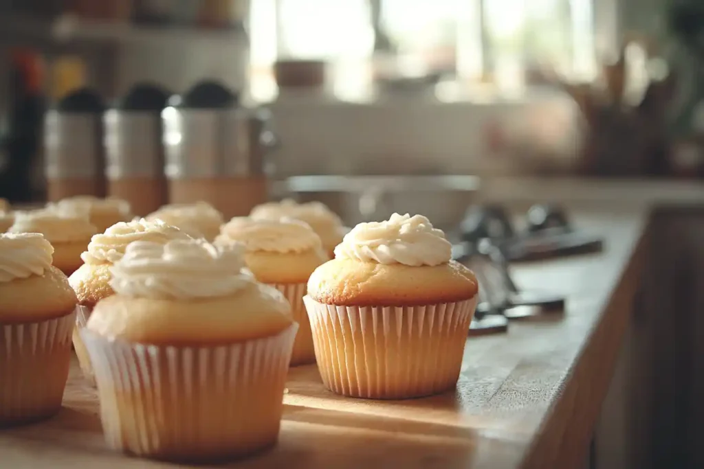 Freshly baked 1234 cupcakes displayed with baking tools.