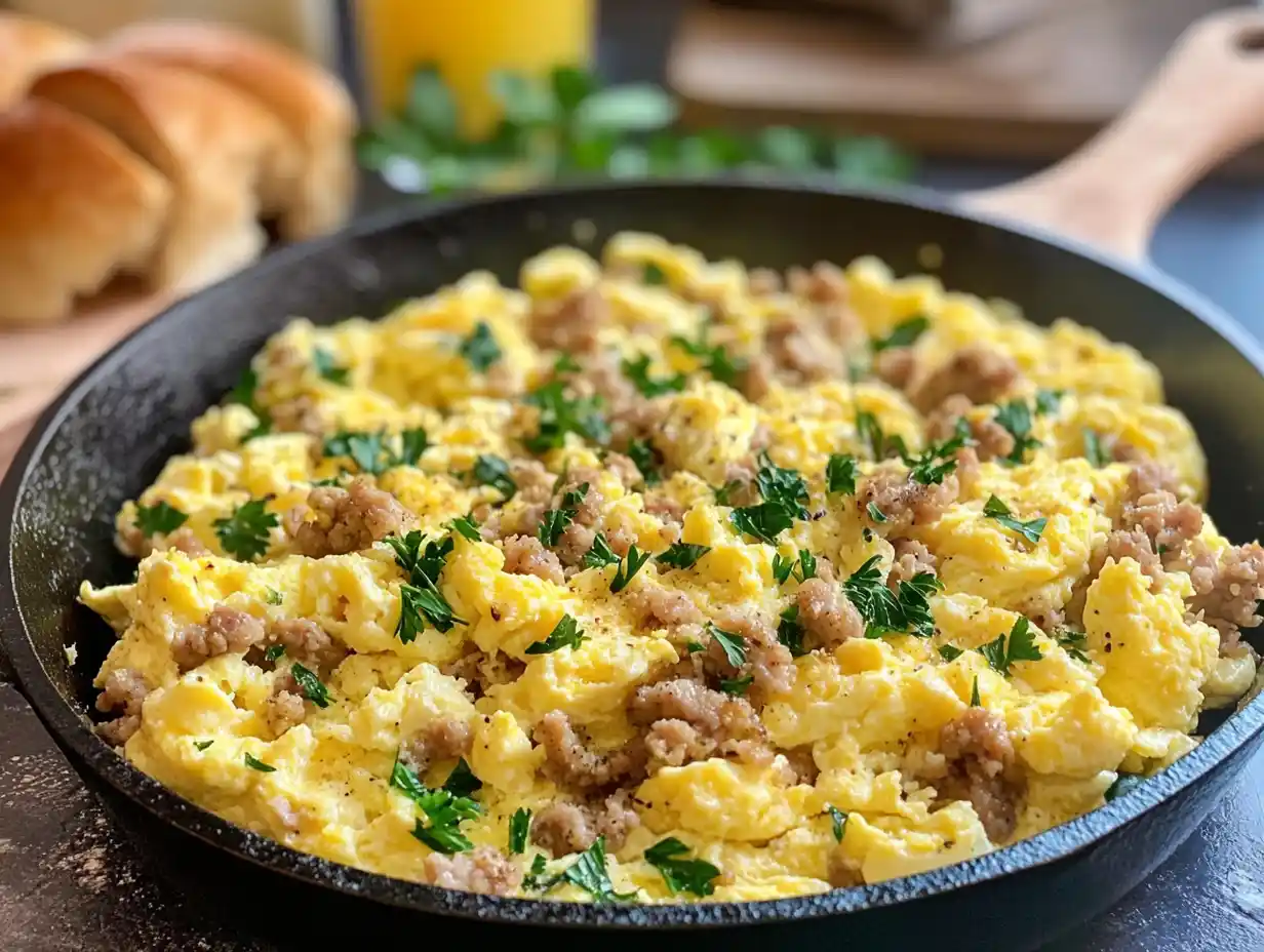 A skillet with scrambled eggs and bacon, sausage, and diced ham.