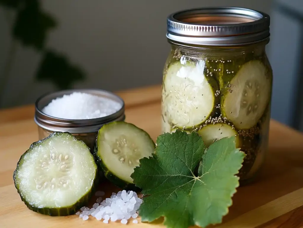 Grape leaves next to a jar of pickles.