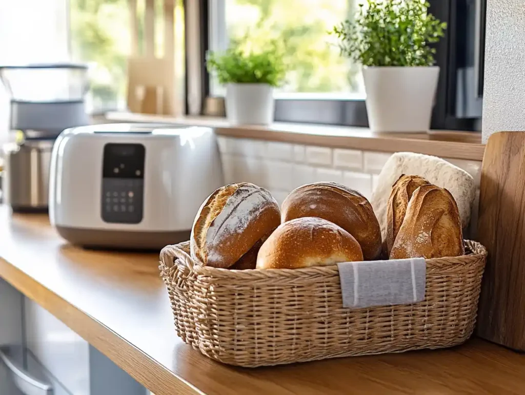Breadmaker stored away while artisan bread is displayed on a counter.