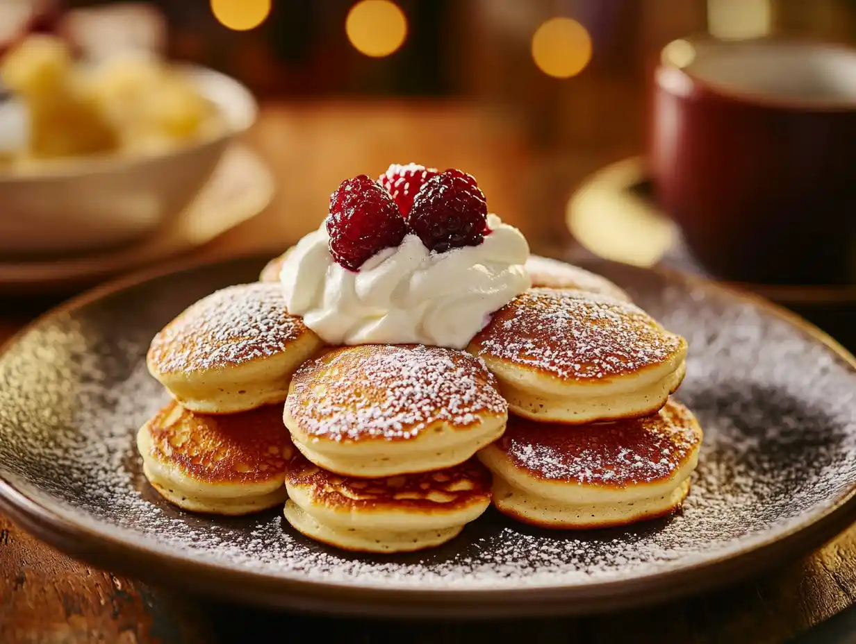 Stack of golden brown mini pancakes with whipped cream and fresh berries on a rustic breakfast plate.